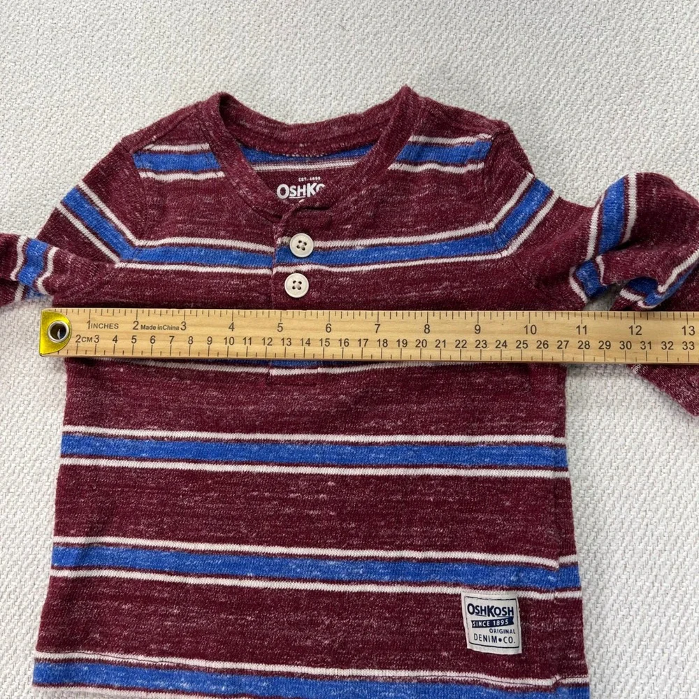 OshKosh B'gosh Henley Shirt Baby Boys 9M Maroon Blue Striped Long Sleeve‎ Top